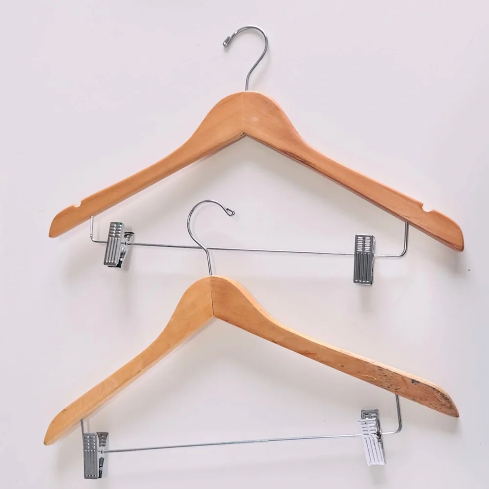 2 VINTAGE Wooden Slacks Pants & Skirt Hangers - Light Wood & Chrome Clamps